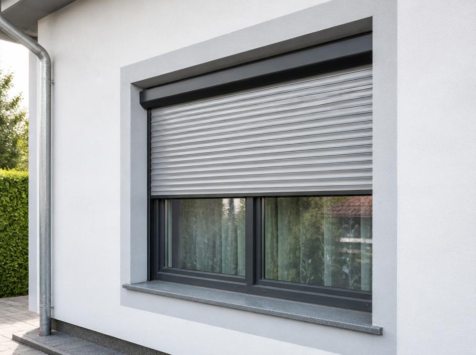 Elektrischer Außenrolladen in Grau montiert – Jürgen Lüning Bauelemente, Schlangen
